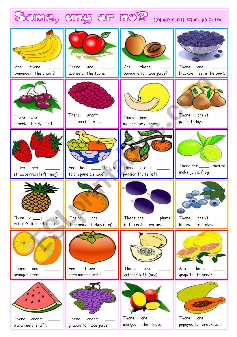 Some, any or no + fruit  - grammar and vocabulary (exercises)  *editable