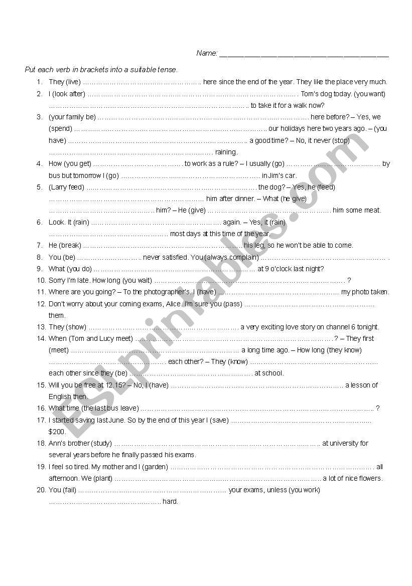 Tenses and irregular verbs worksheet