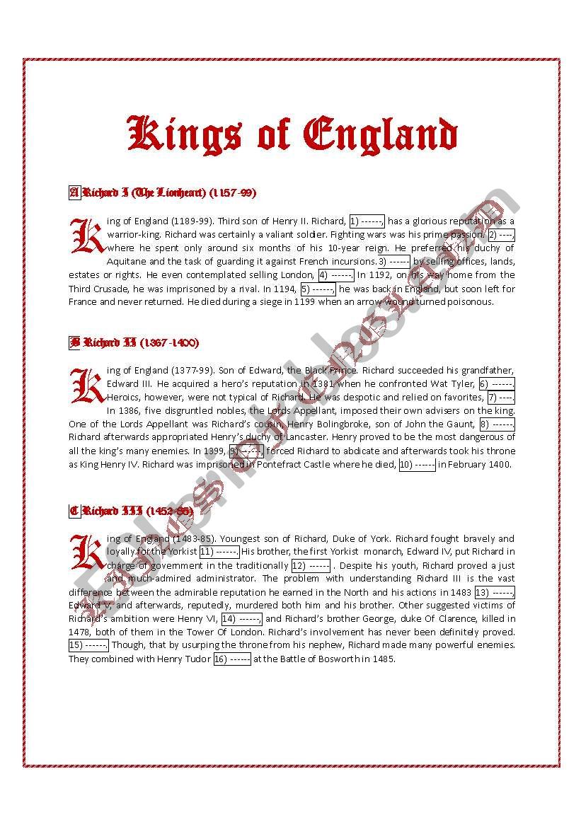 Kings of England (I) worksheet