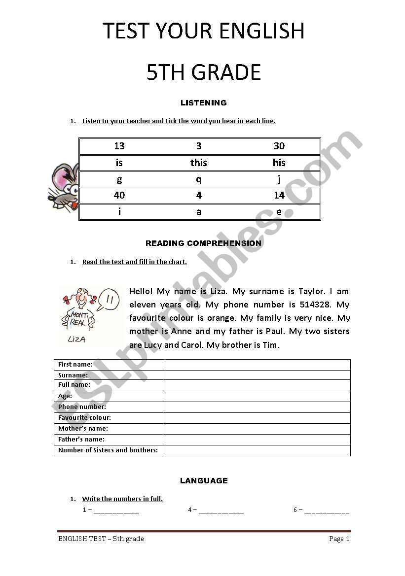 TEST 5TH GRADE worksheet