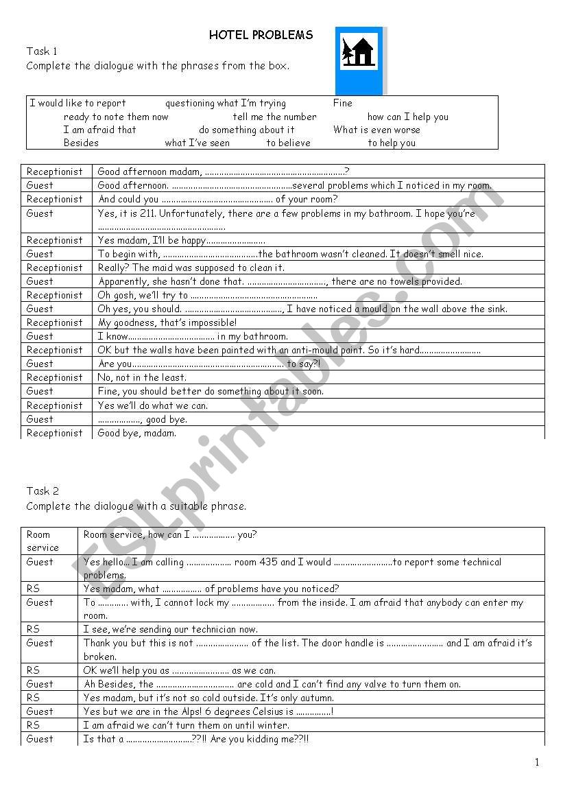 Hotel problems worksheet