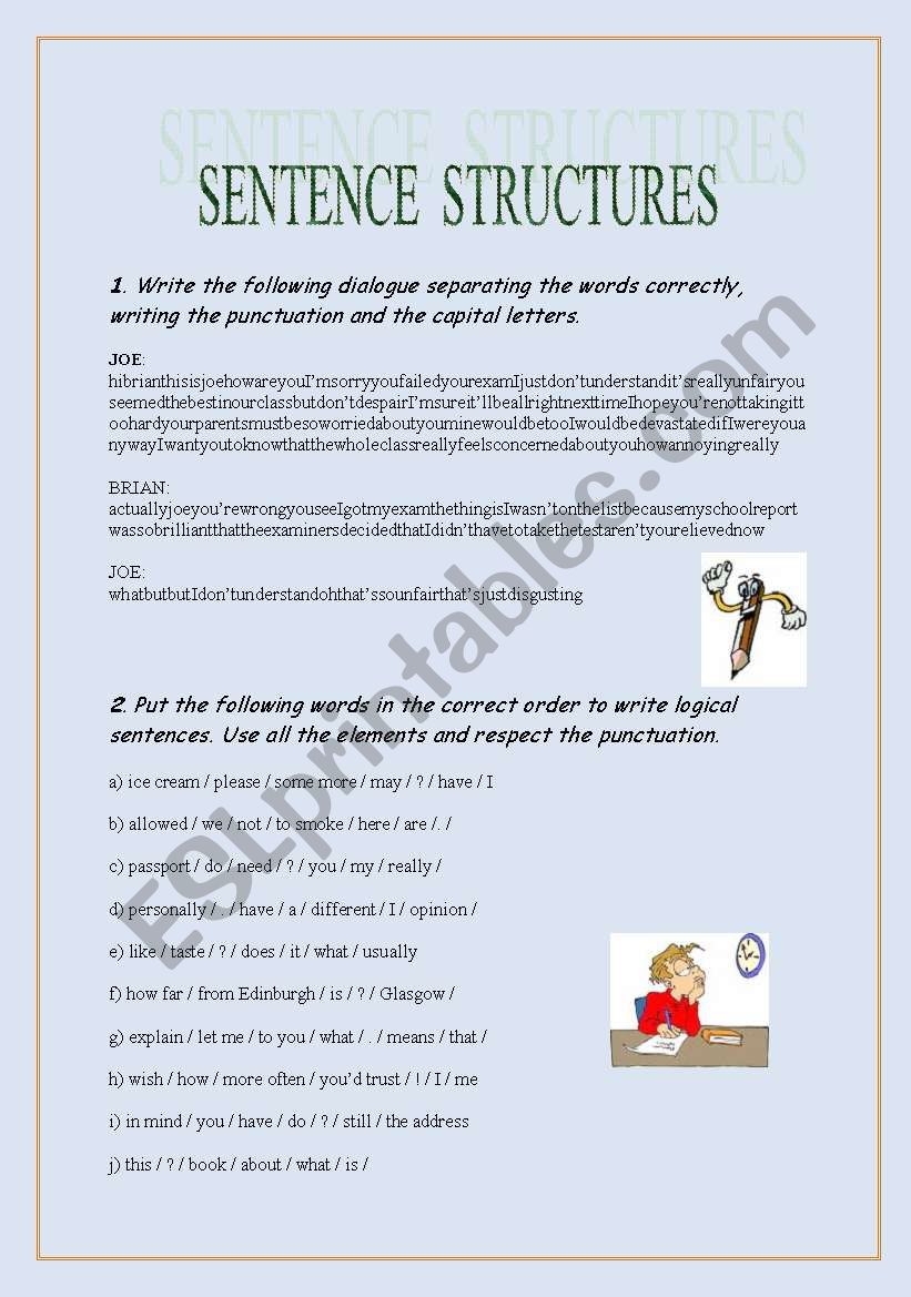 Sentence structures = 4 exercises for ss to practise writing correct sentences and questions. WITH KEY