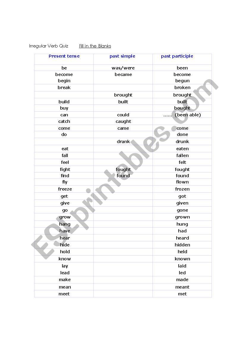 Irregular Verbs Quiz  worksheet