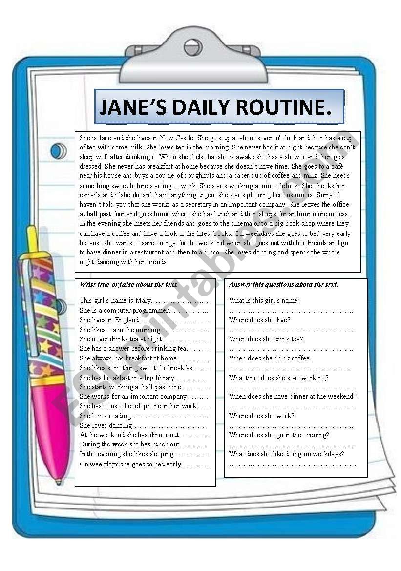 JANES DAILY ROUTINE. READING COMPREHENSION.