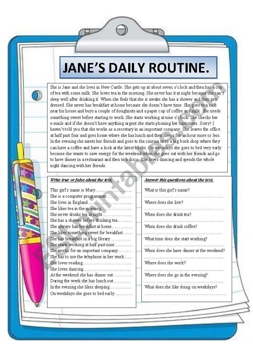 JANEÂ´S DAILY ROUTINE. READING COMPREHENSION.