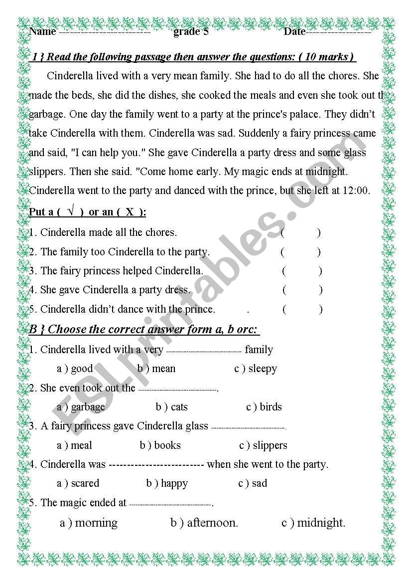 reading (cinderella) worksheet