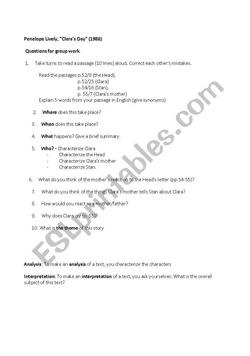 Questions for Claras Day worksheet
