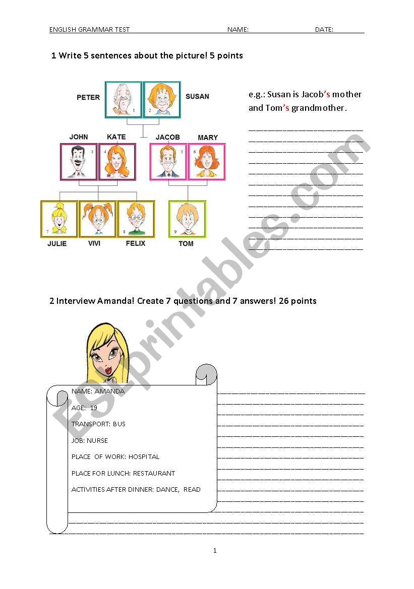 English grammar test worksheet