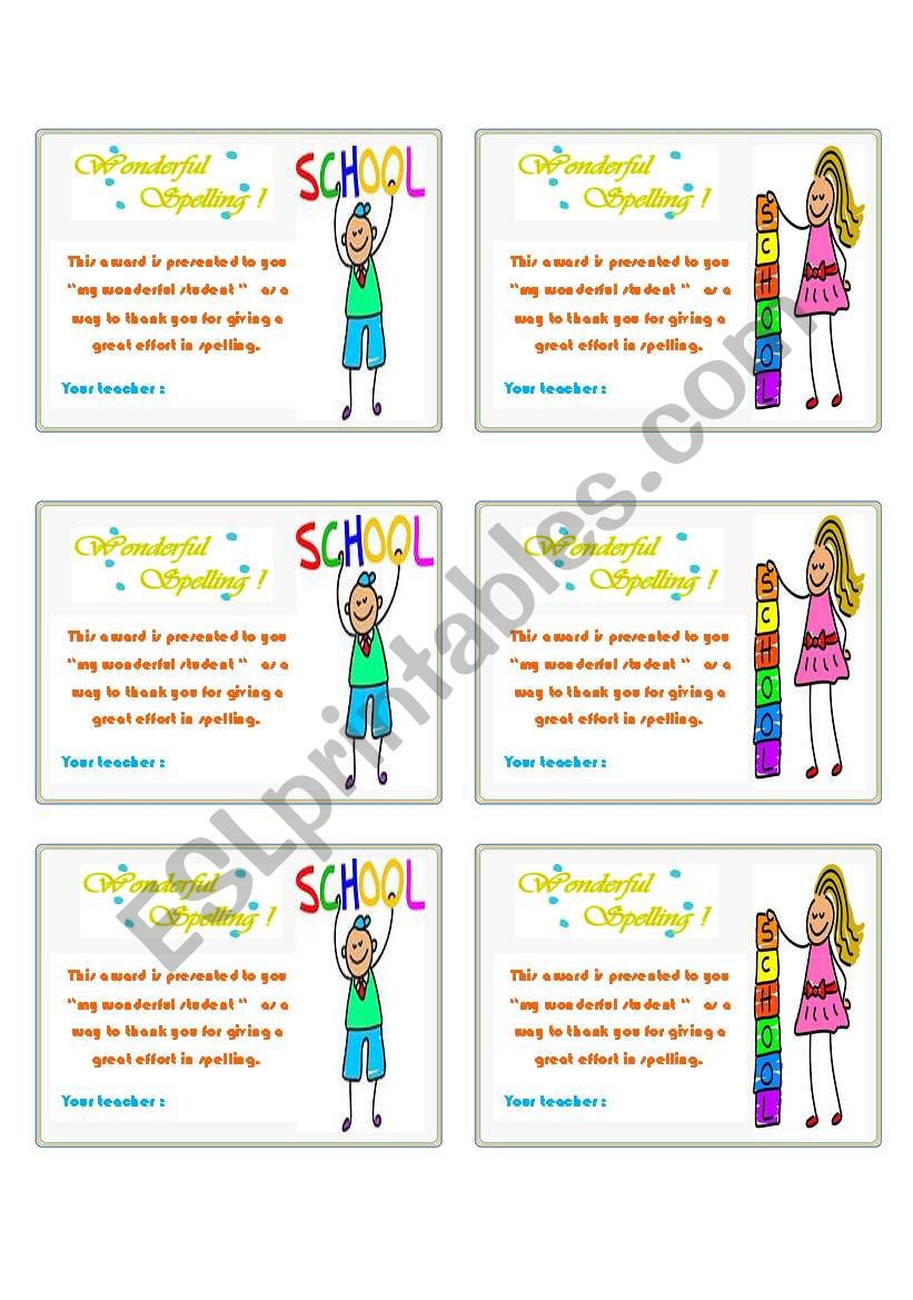 award (spelling) worksheet