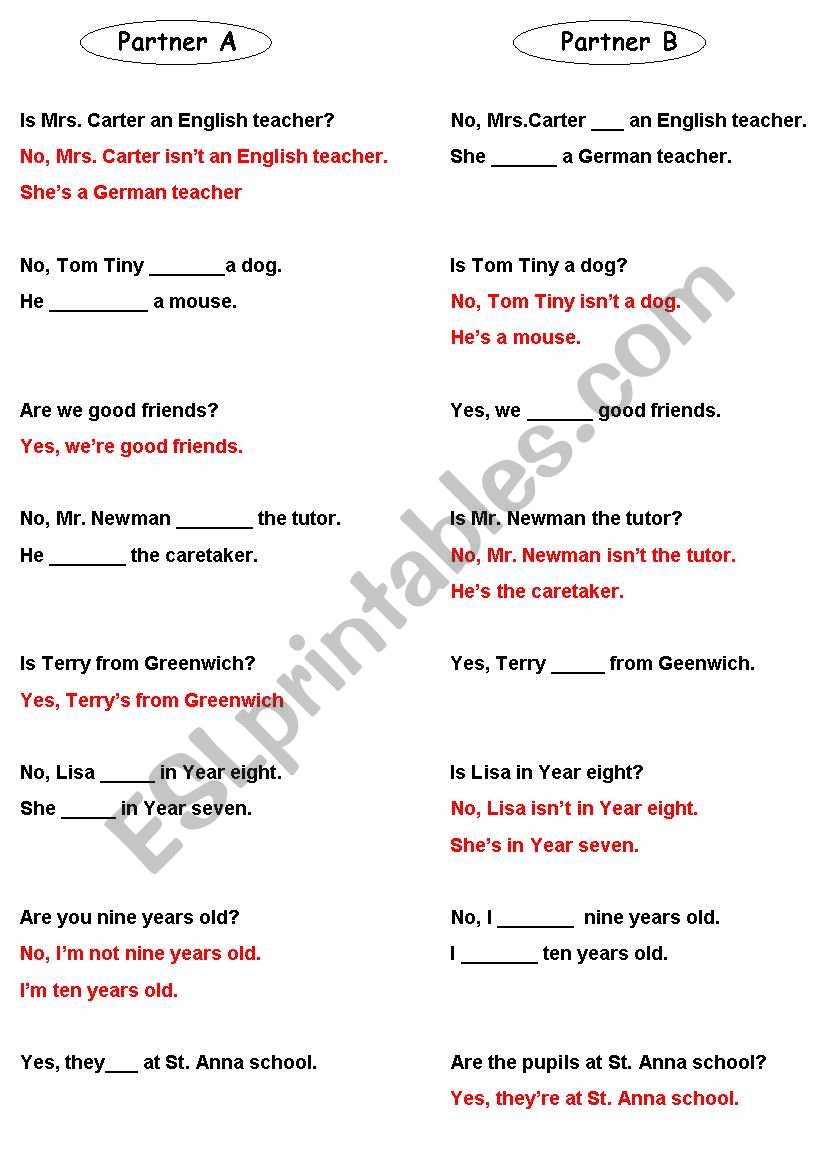 tandem sheet verb to be - negative and positive forms, long and shortforms