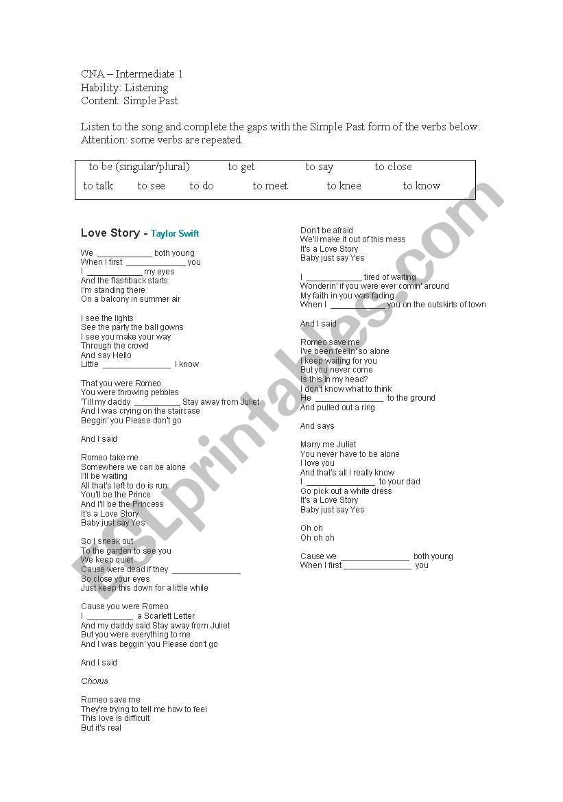 Song Activity - Simple past worksheet