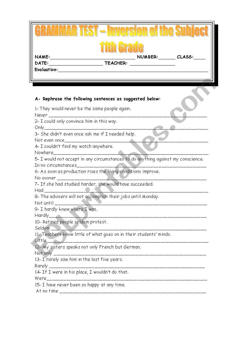 Inversion of the subject worksheet