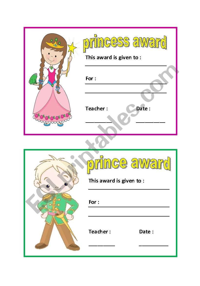 award (pincess-prince) worksheet