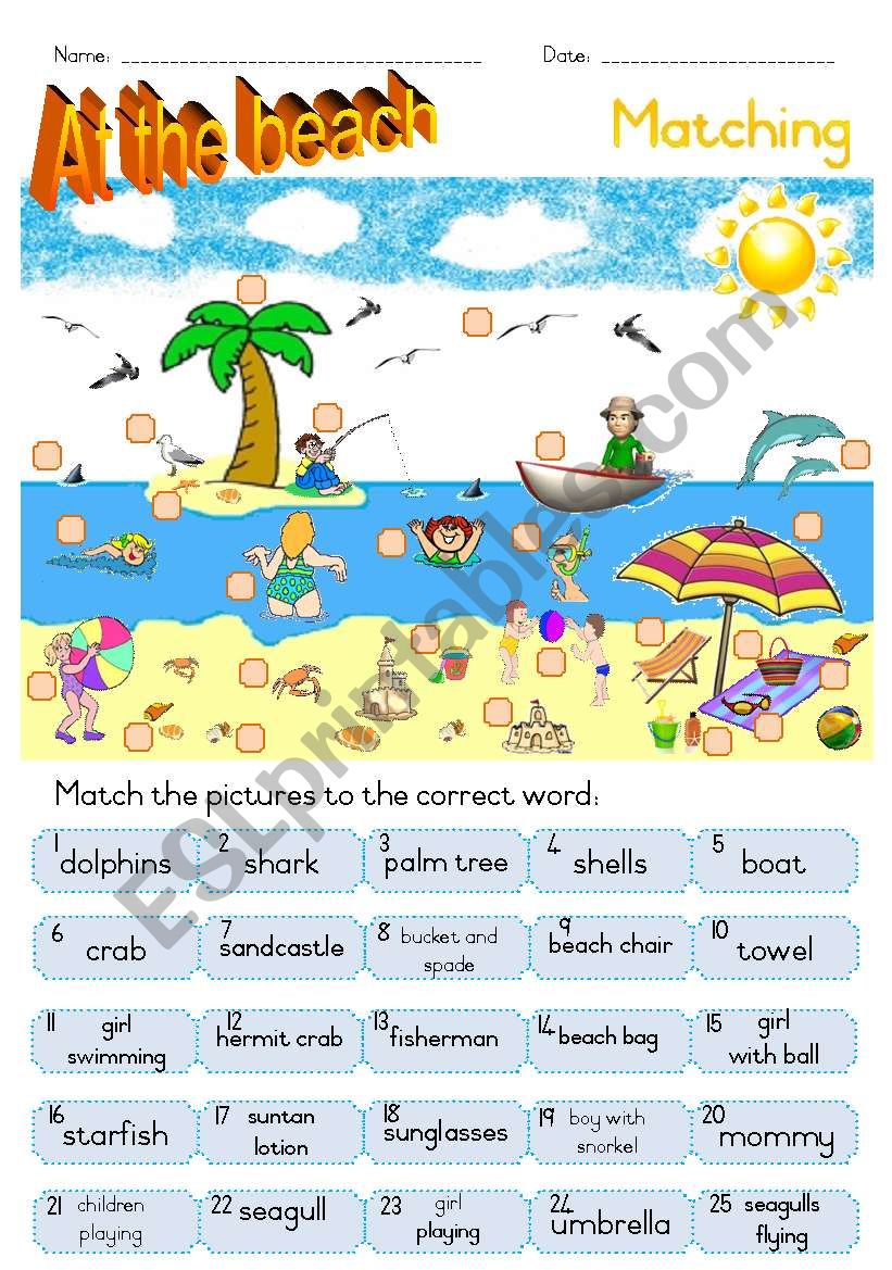 At the beach - Matching ws - ESL worksheet by Joeyb1