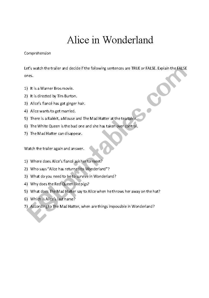 Alice in Wonderland worksheet