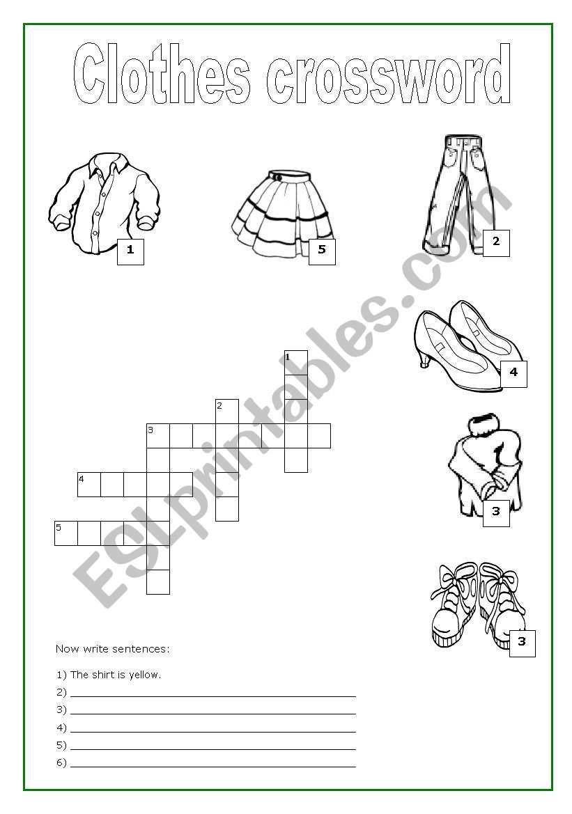 Clothes crossword worksheet