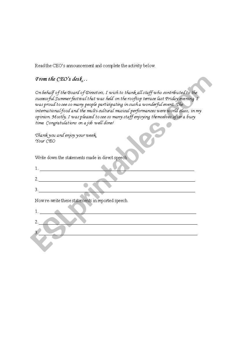 Direct and Indirect Speech worksheet