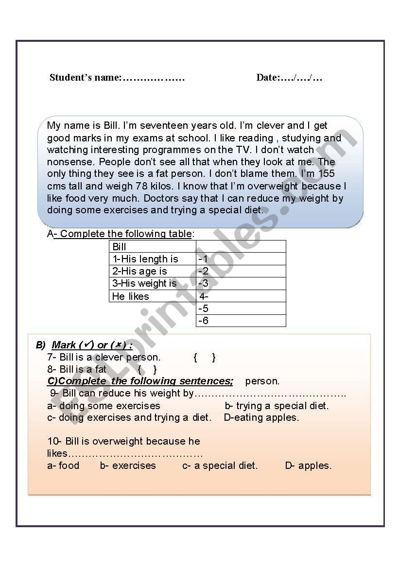 READING PASSAGE ABOUT BILL worksheet