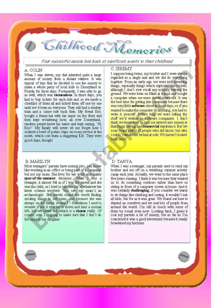 Reading - Childhood Memories worksheet