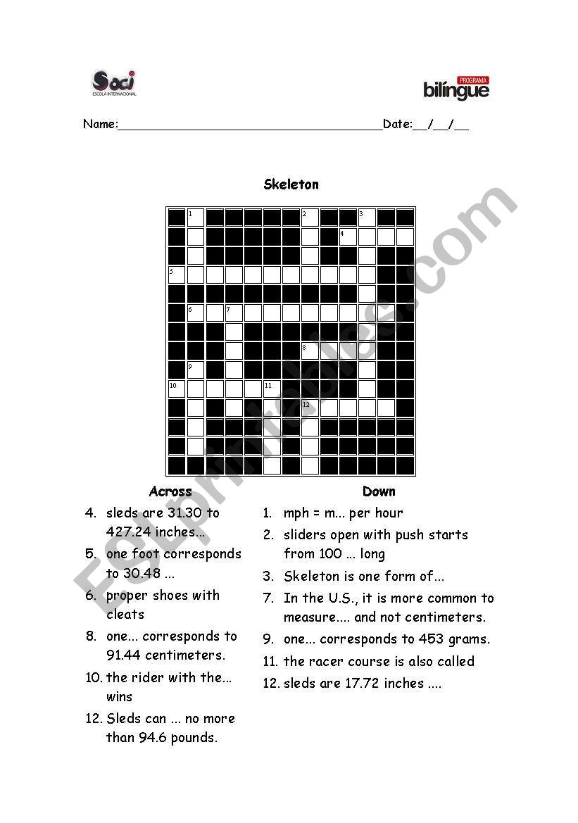 Skeleton Crossword worksheet