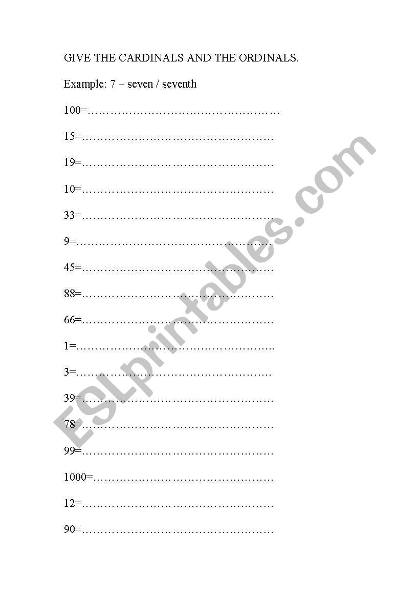 CARDINALS AND ORDINALS worksheet