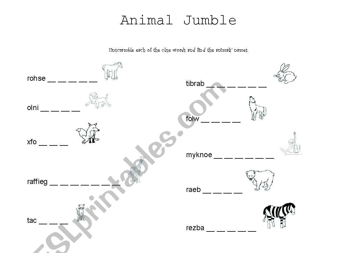 Animal Unscramble game worksheet
