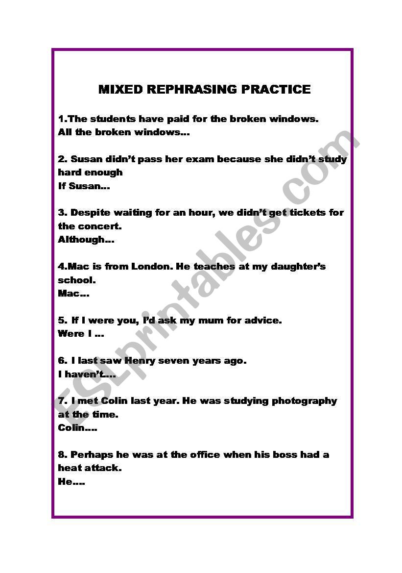 MIXED REPHRASING PRACTICE worksheet