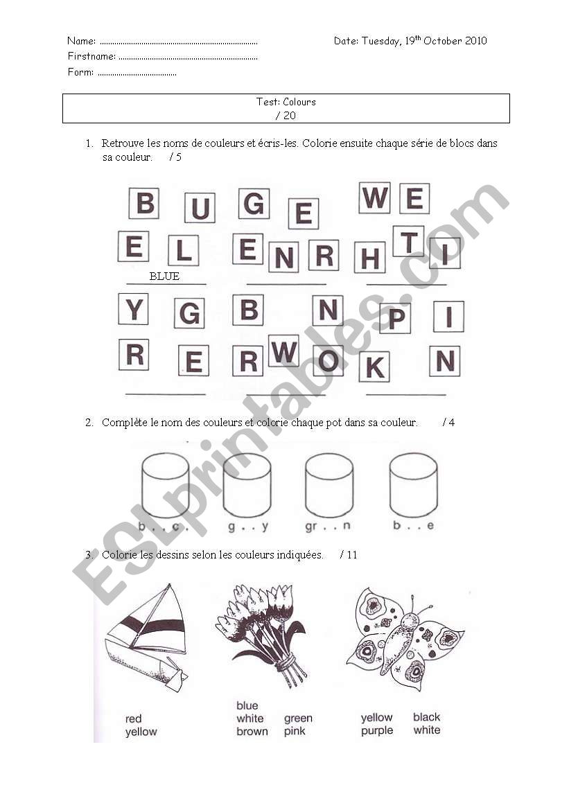 Colours test worksheet