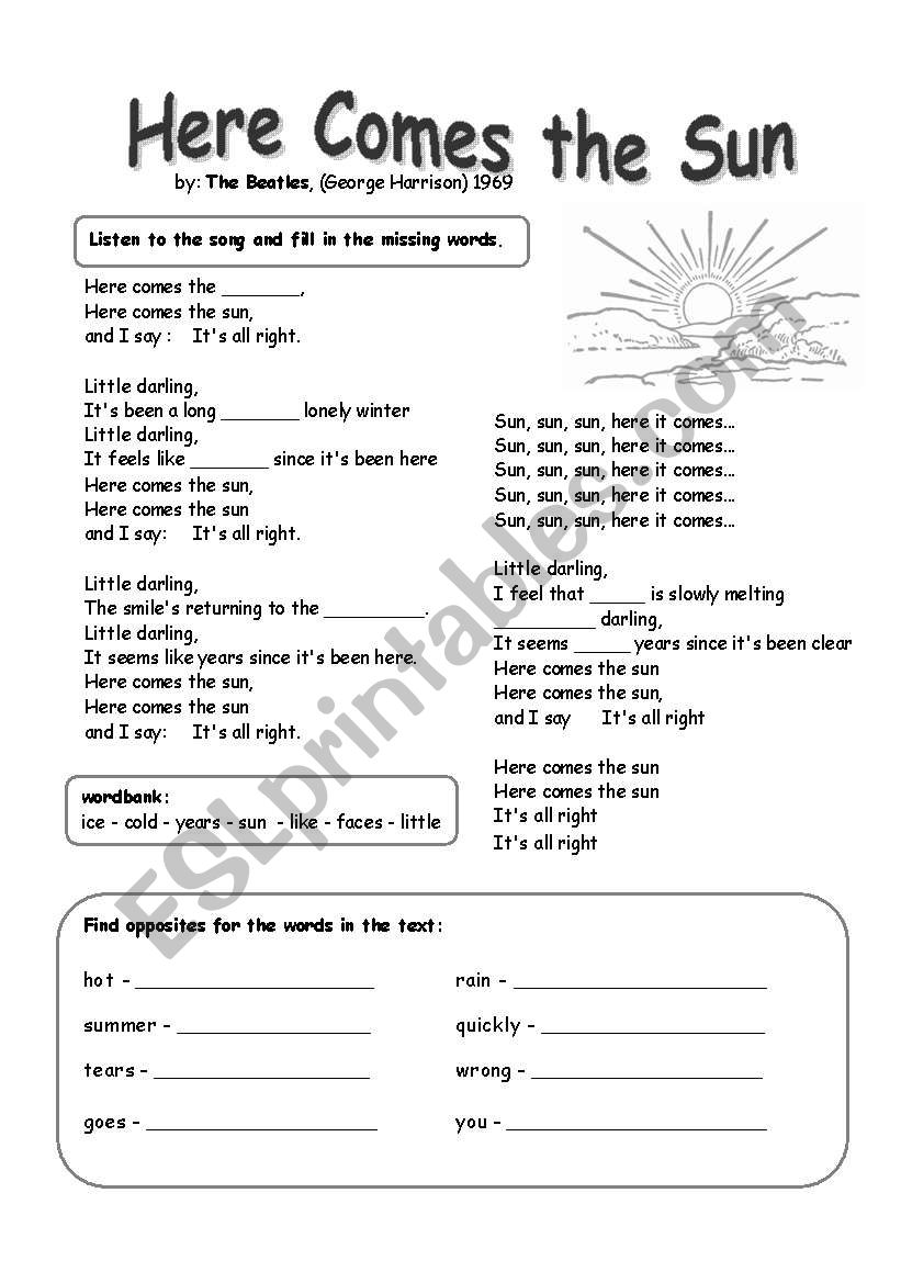 here-comes-the-sun-beatles-esl-worksheet-by-mariong