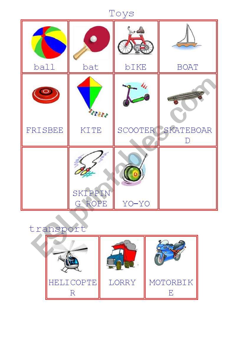 toys and tranports worksheet