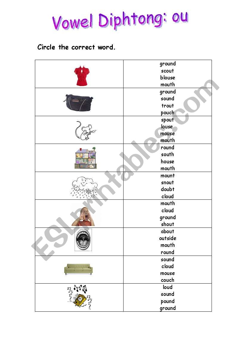 Vowel Diphtong: ou - 2 pages worksheet