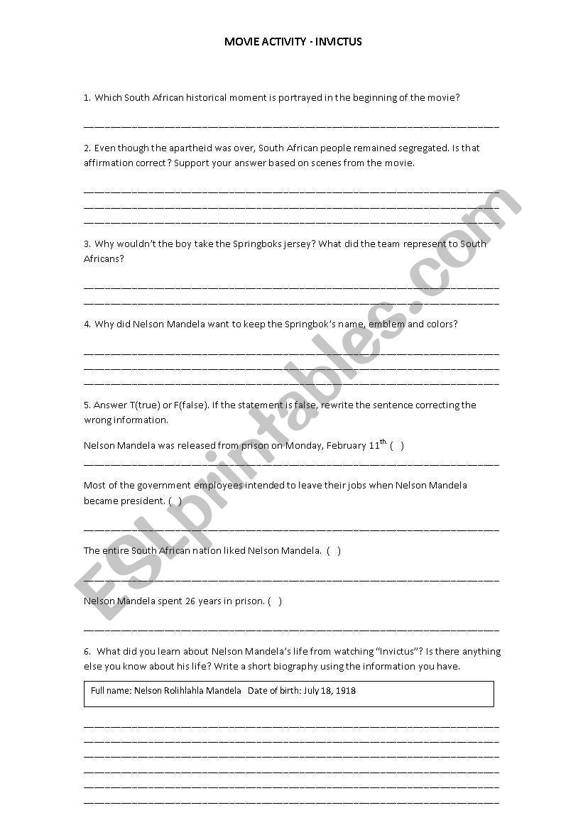 Movie activity Invictus worksheet