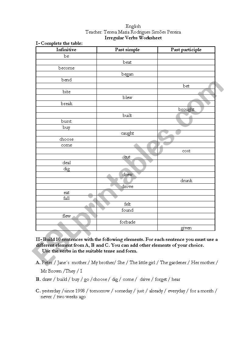 Irregular Verbs Worksheet worksheet