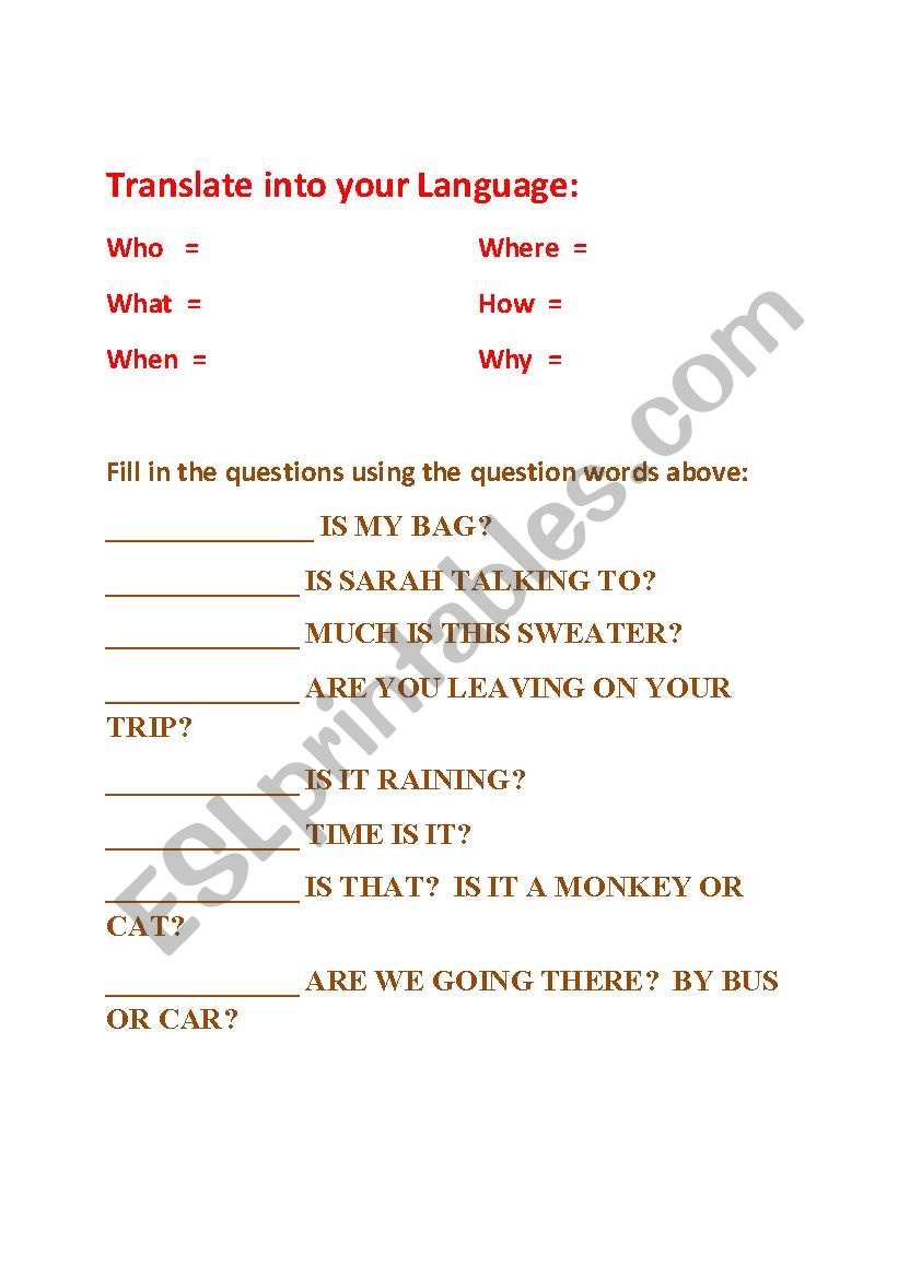 Question Words worksheet