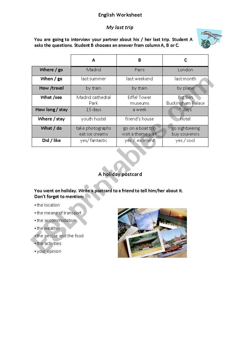 Travelling and holidays worksheet