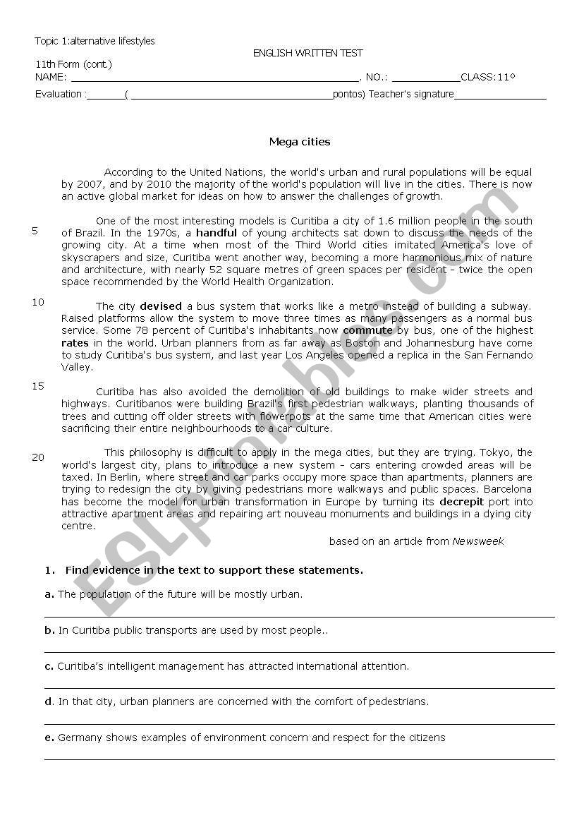 Mega cities worksheet