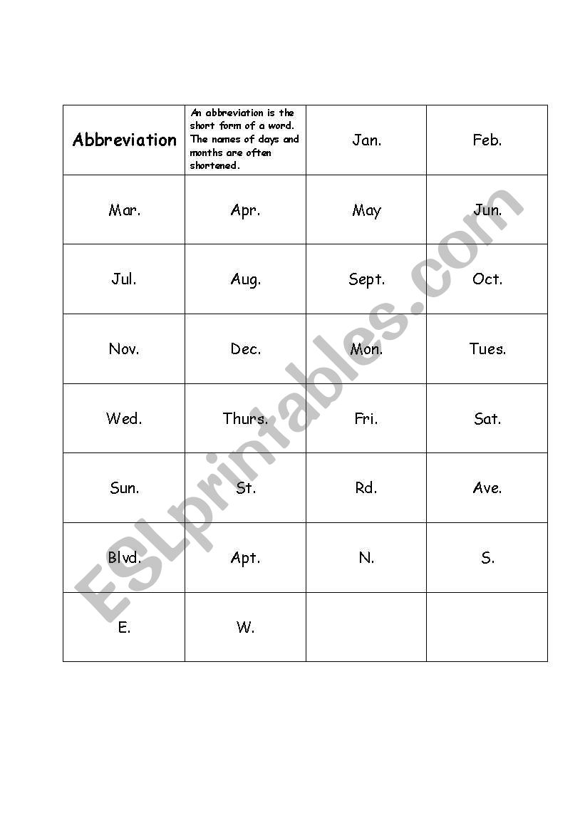 Abbreviation Matching Cards worksheet
