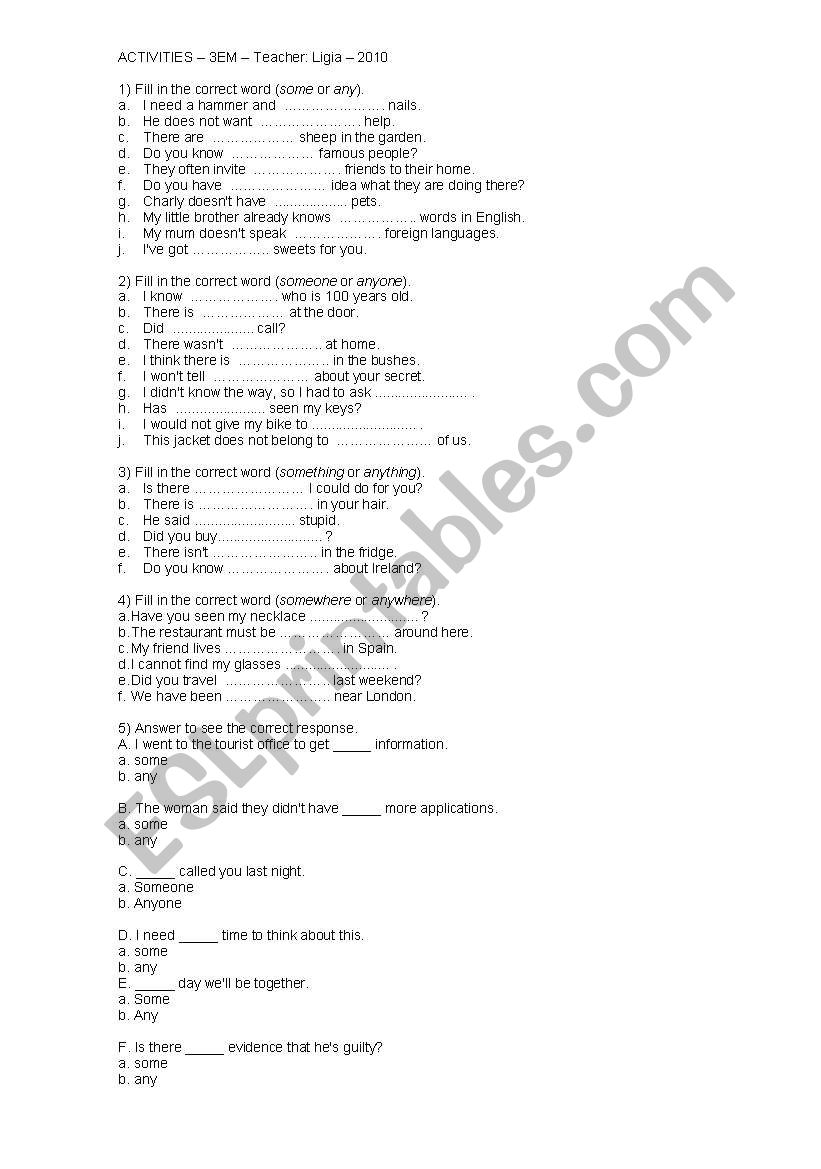 SOME & ANY - HIGH SCHOOL worksheet