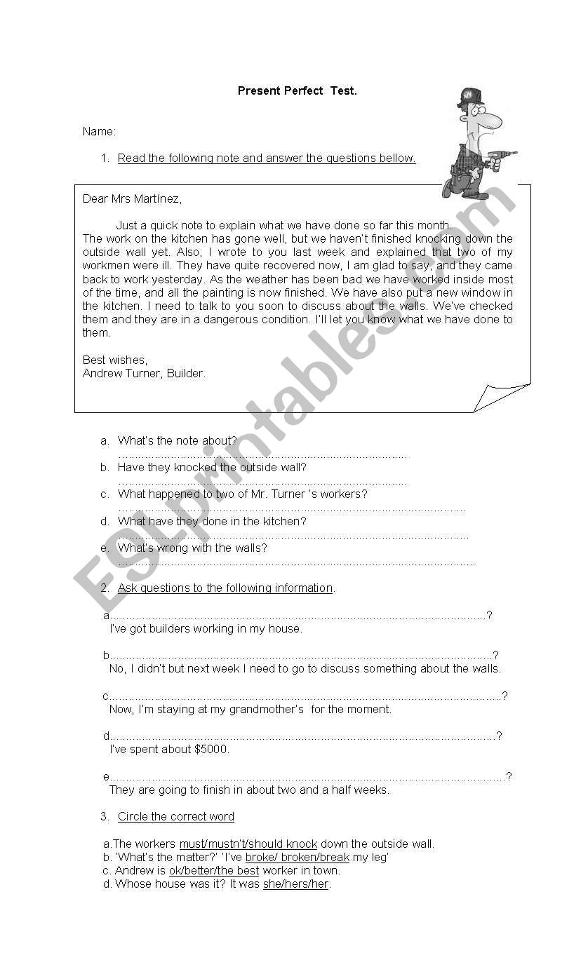 Present Perfect Test worksheet