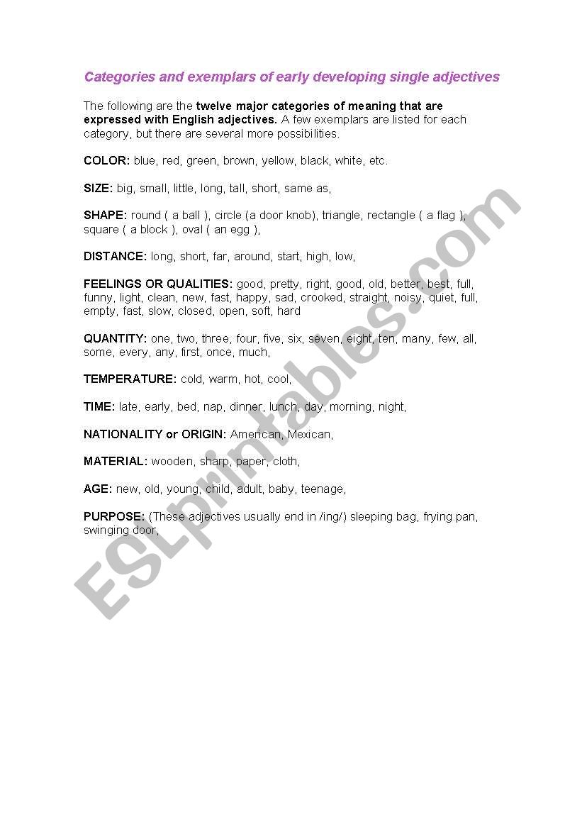 Examples of adjectives worksheet