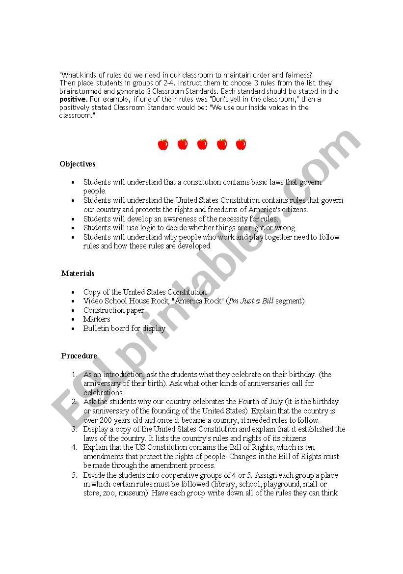 Constitution lesson worksheet