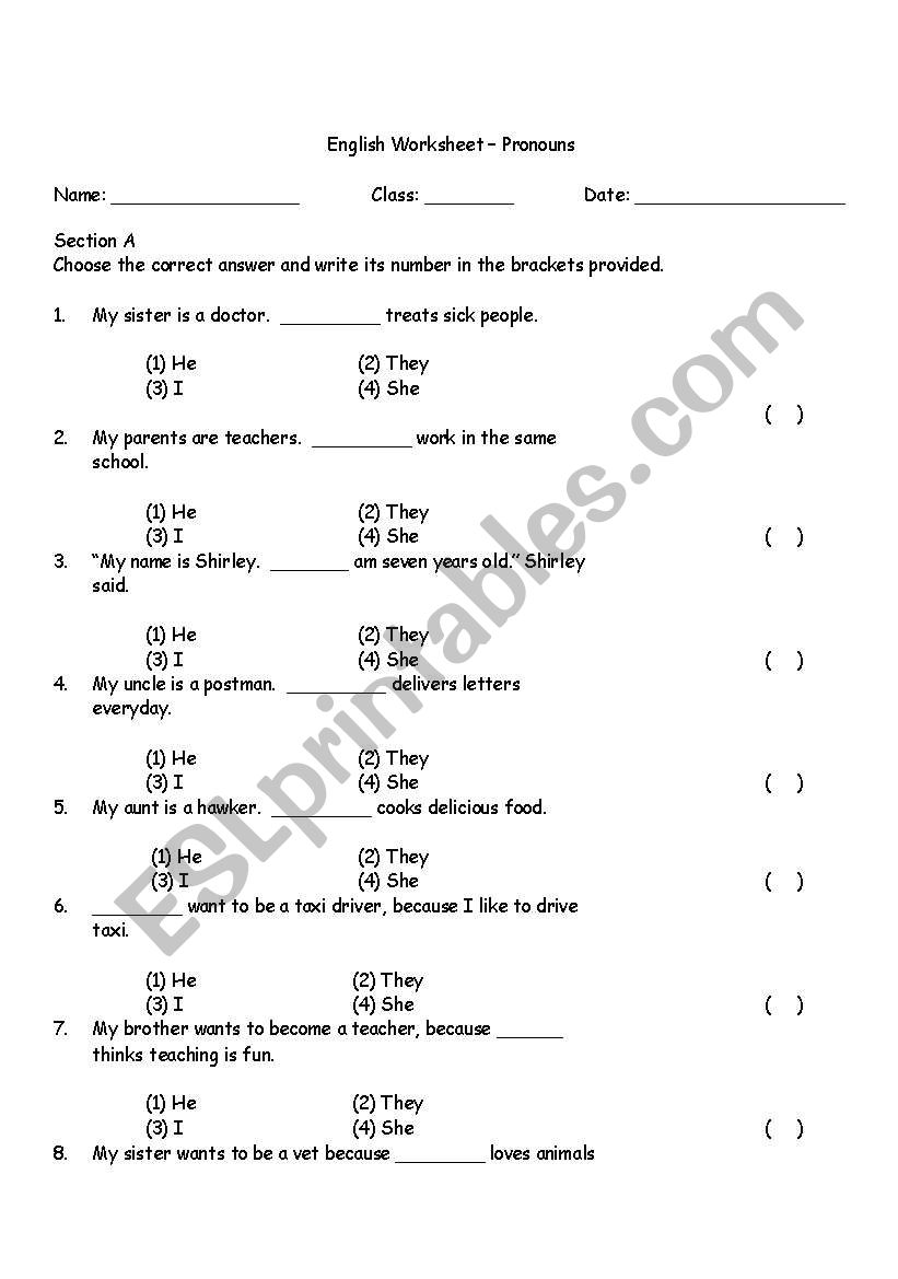 Pronouns worksheet