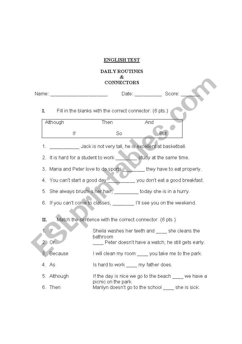 connectors and daily routines worksheet