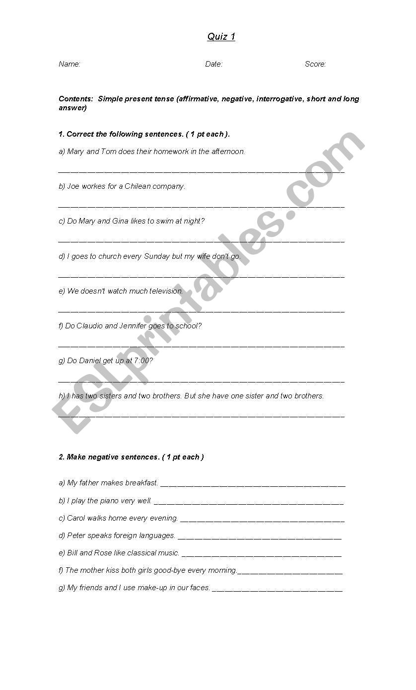 Present Simple Quiz worksheet