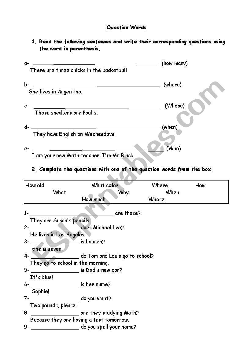 Question Words worksheet