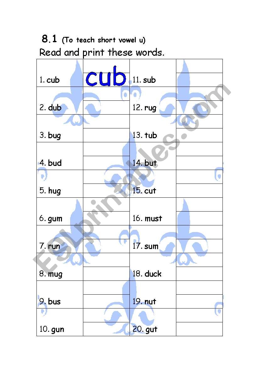 short vowel u worksheet