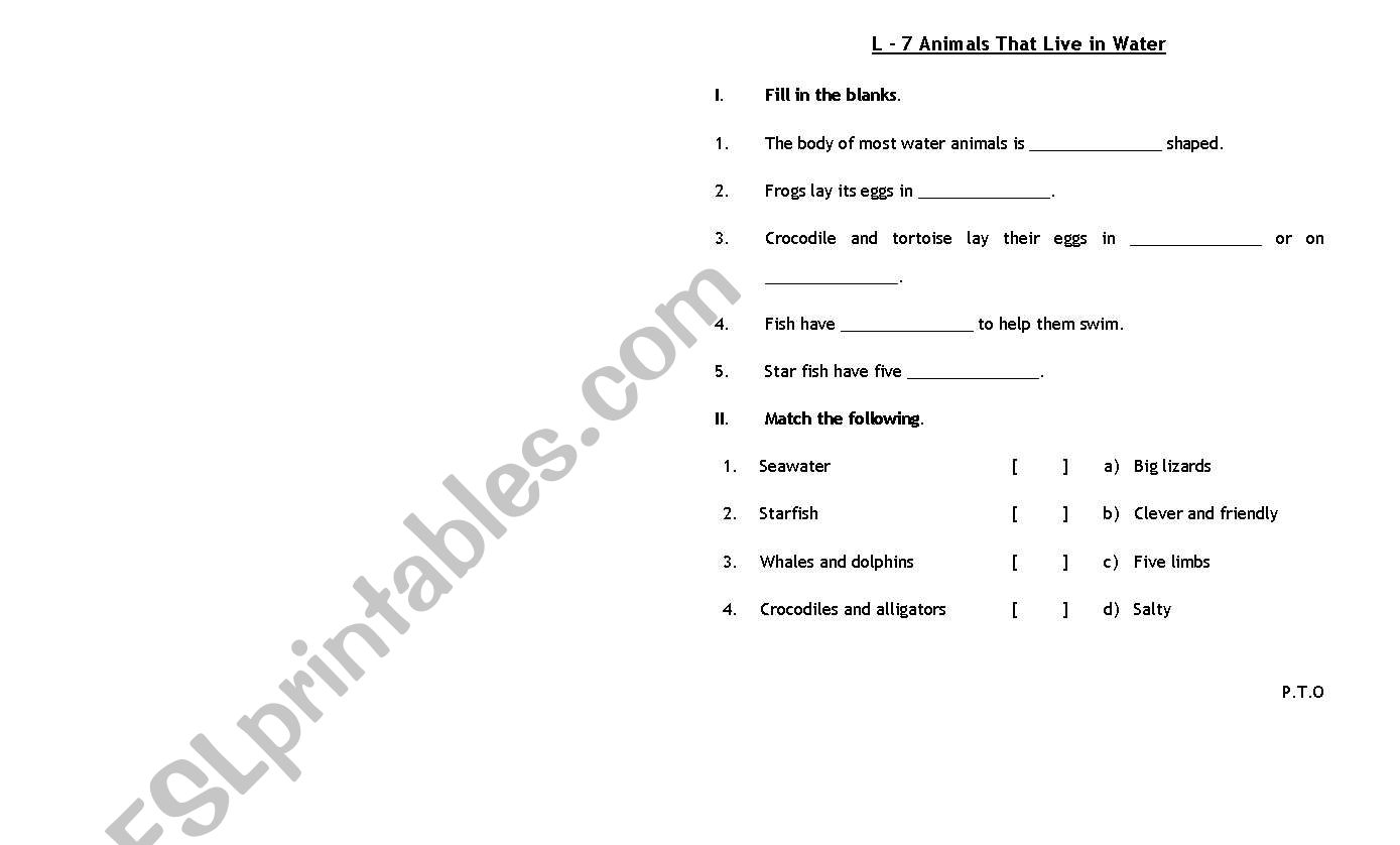 Animals That Live in Water worksheet