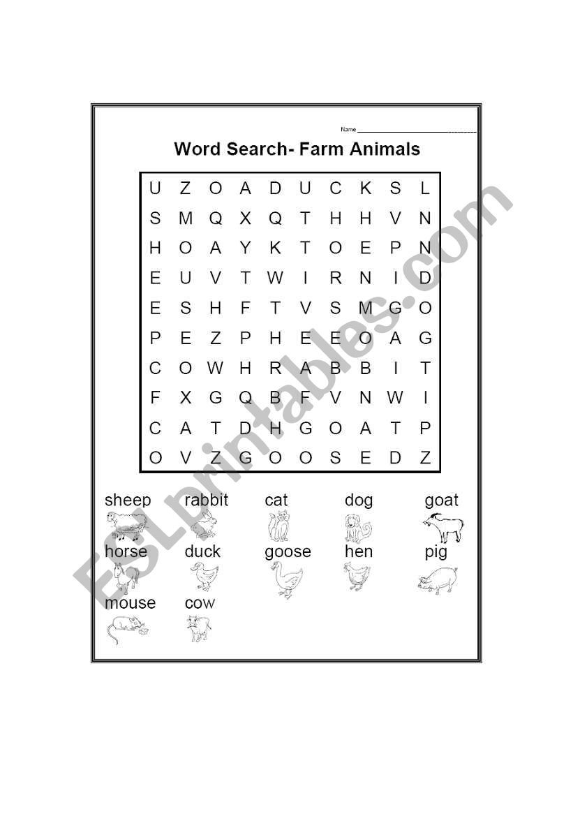 Farm Animals Word Search worksheet