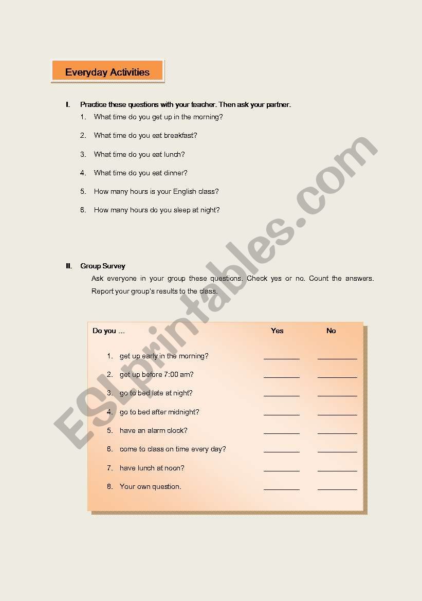 Daily activities worksheet