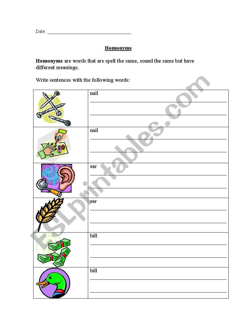 Homonyms worksheet